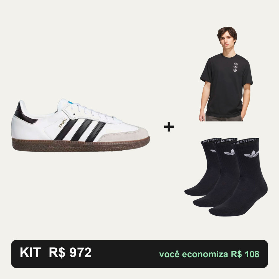 Kit Adidas Samba Adv + Camiseta Adidas + Meia Adidas — Fechado na linha de skate