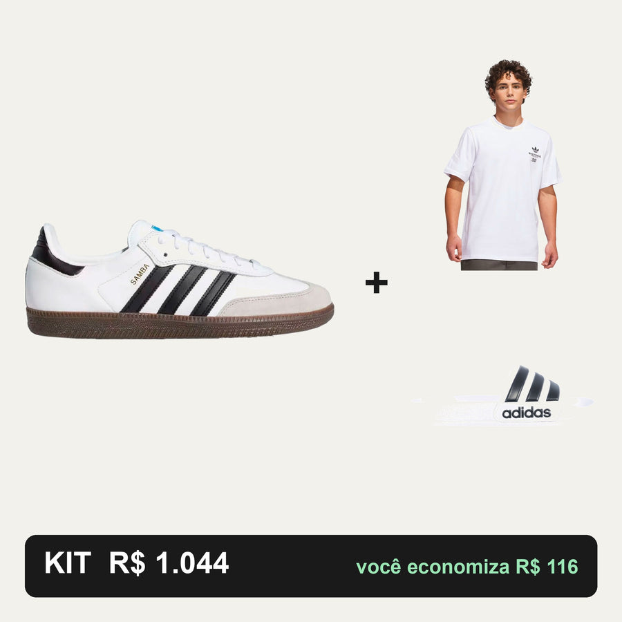 Kit Adidas Samba Adv + Camiseta Adidas + Chinelo Adidas — Do skate ao descanso