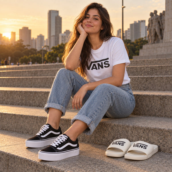 Look completo: Old Skool Platform, camiseta Flying V e chinelo La Costa