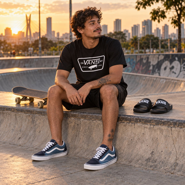 Look completo: Skate Old Skool, camiseta Full Patch e chinelo La Costa