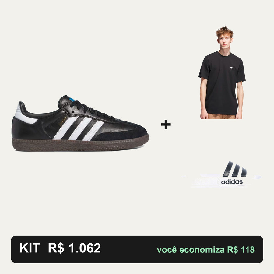 Kit Adidas Samba Adv + Camiseta Adidas + Chinelo Adidas — Um kit sem enfeite