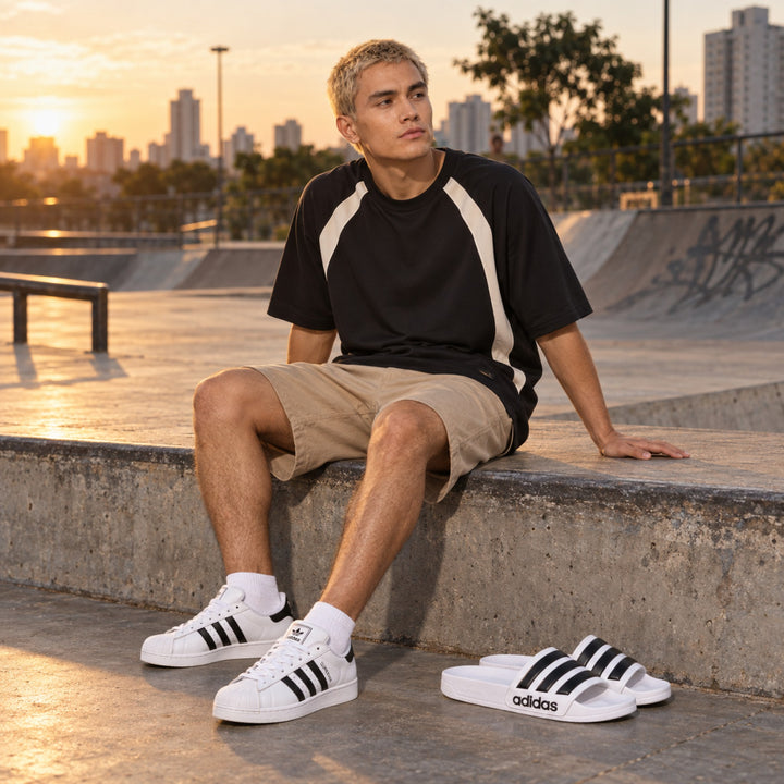 Kit Adidas Superstar II + Camiseta Adidas + Chinelo Adidas