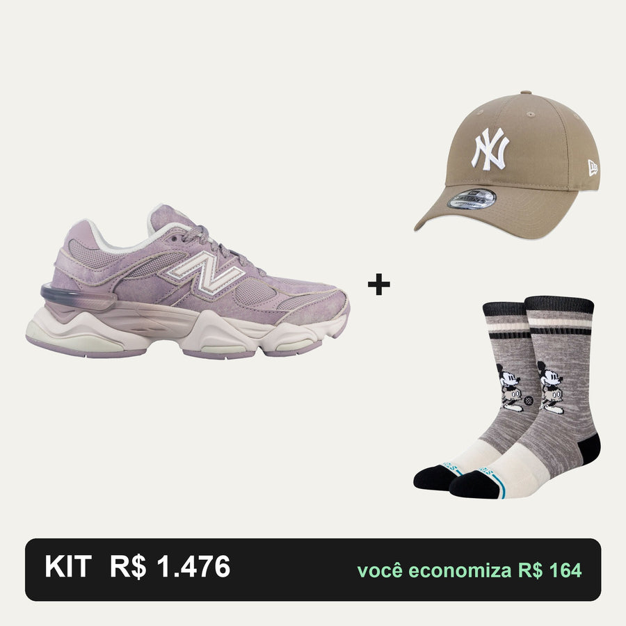 Kit New Balance 9060 + Boné New Era + Meia Stance — O tênis no centro, os acessórios ao redor