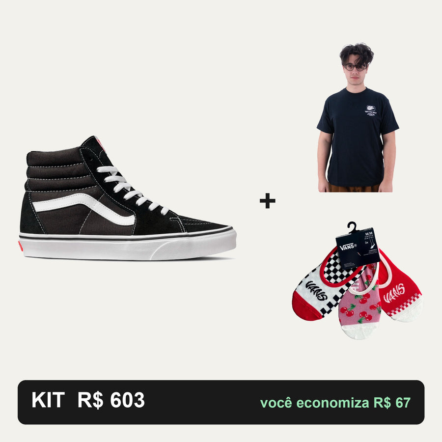 Kit Vans SK8 HI + Camiseta Vans + Meia Vans — Clássico de cano alto com detalhe leve