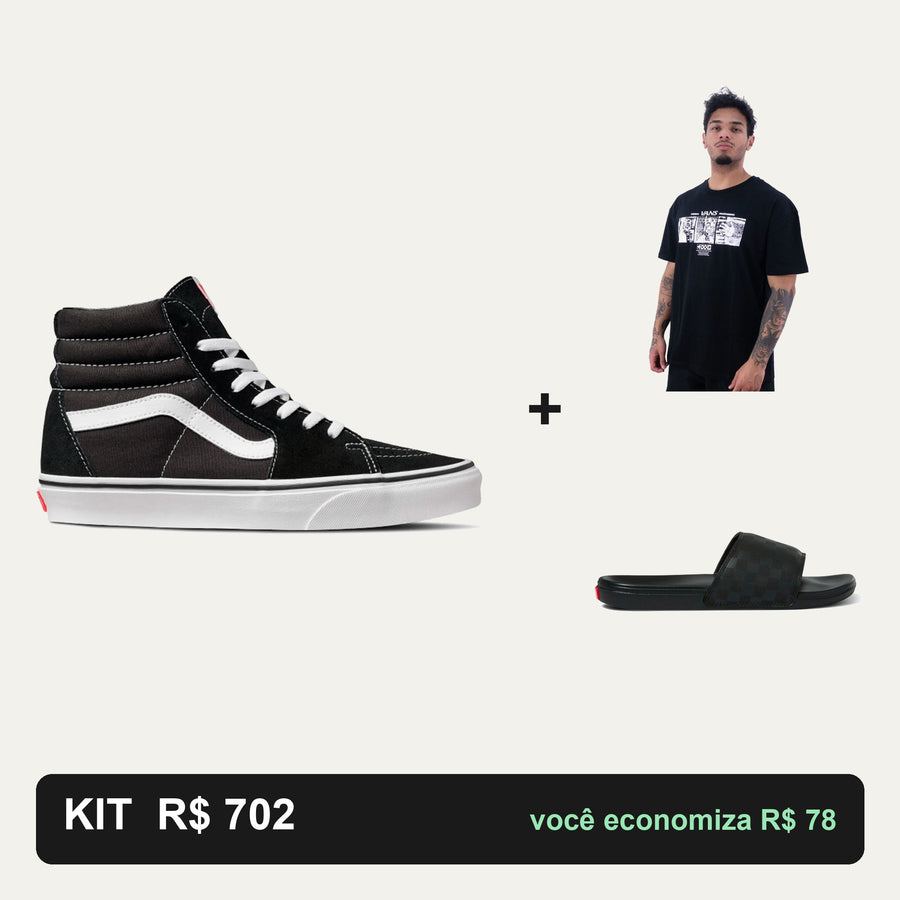 Kit Vans SK8 HI + Camiseta Vans + Chinelo Vans — Do cano alto ao xadrez do chinelo