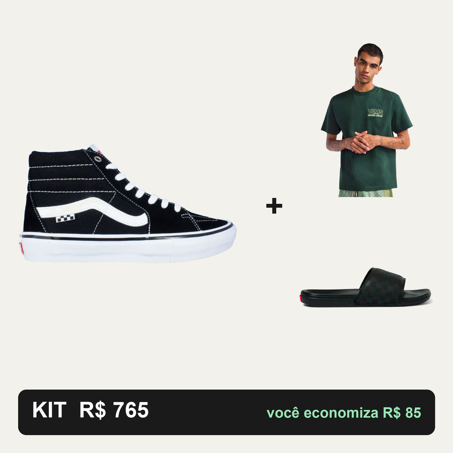Kit Vans Skate Sk8-Hi + Camiseta Vans + Chinelo Vans — O look completo
