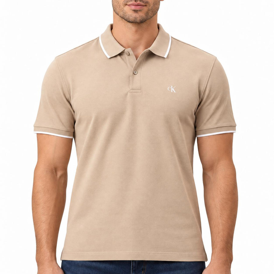 Polo Calvin Klein Friso Masculino — CK bordado e dois botões