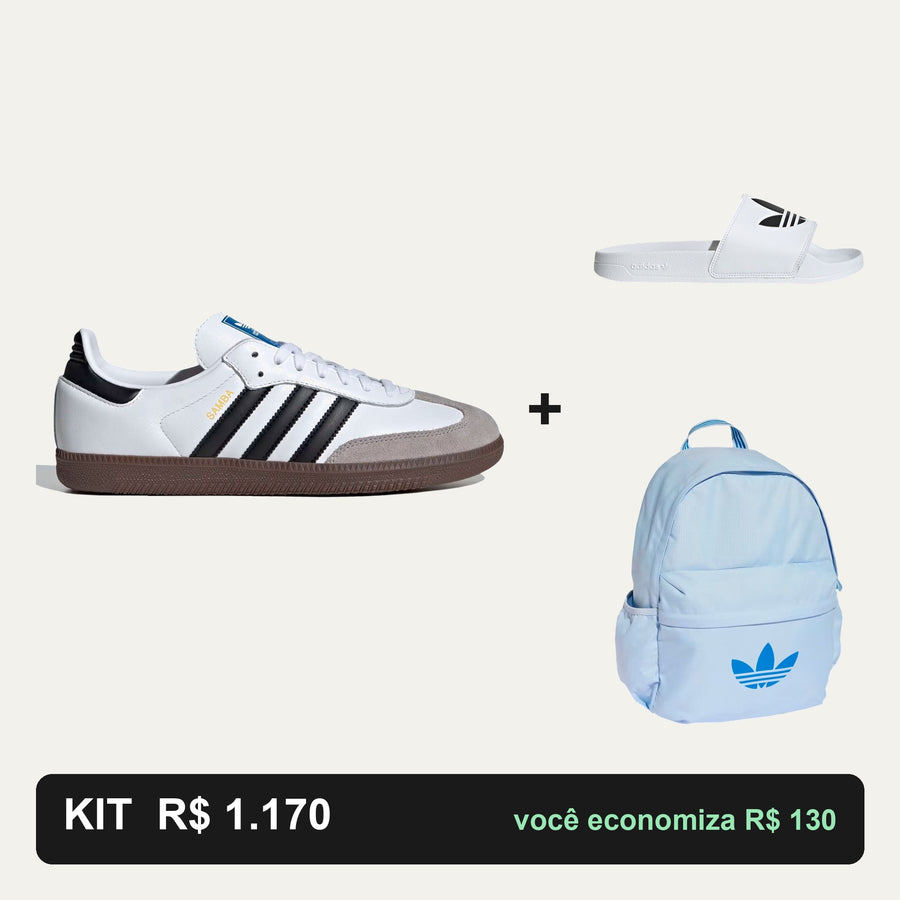 Kit Adidas Samba OG + Chinelo Adilette + Mochila Adidas — Samba, chinelo e mochila: o kit da rua